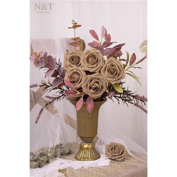 Brown Roses Artificial Flowers 25pcs Fake Flowers Bulk Perfect DIY Fall Wedding - Picture 5 of 6